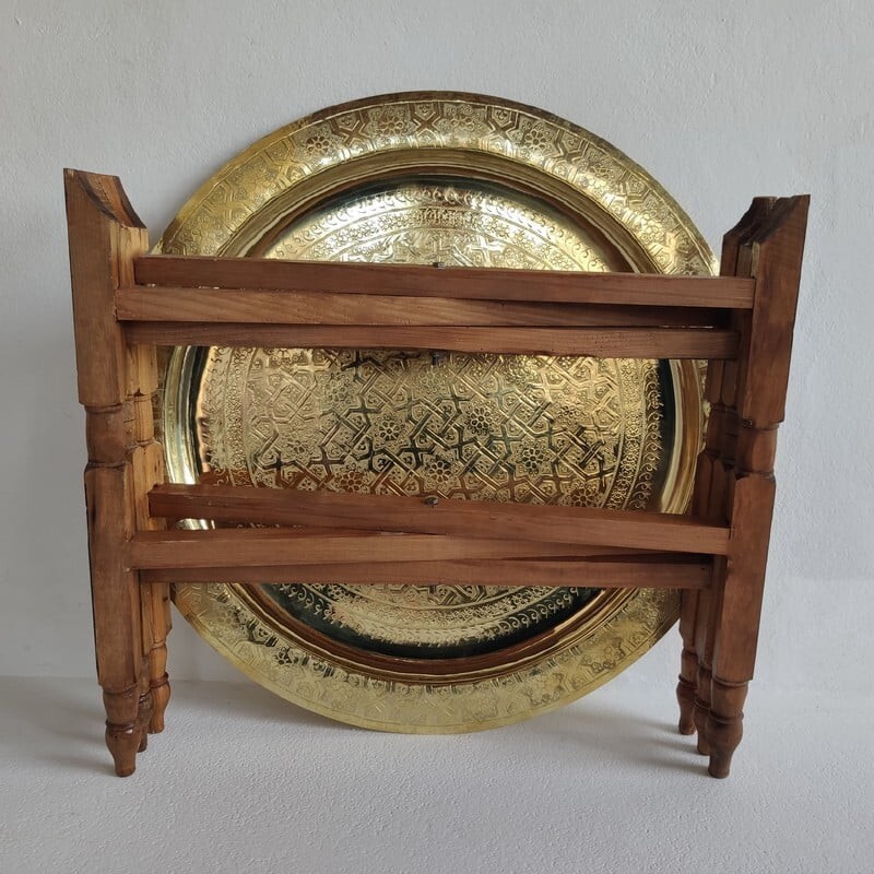 Handmade Moroccan 40″ Round Brass Tray Tea Table with folding Wood Stand Thuya W
