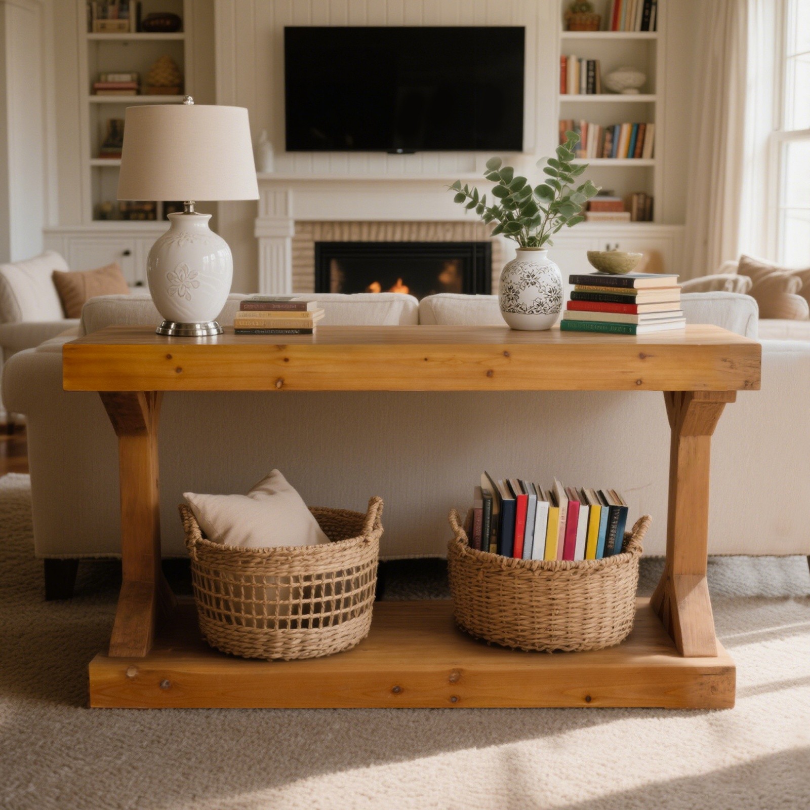 Long Solid Wood Console Table Rustic Farmhouse Entryway Sofa Table with Shelf