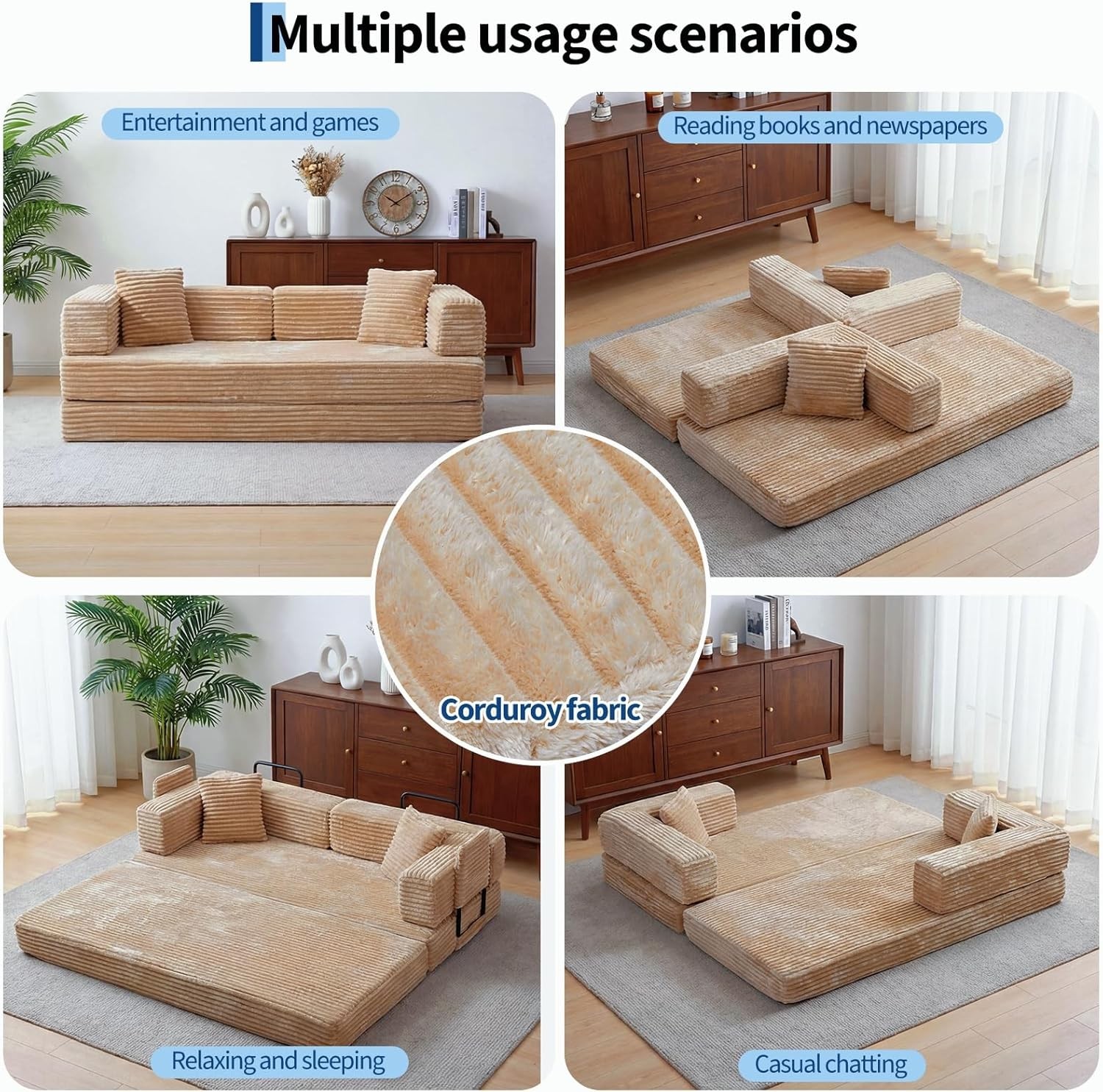 80.7” Queen Sofa Bed 5-in-1 Modular Convertible Sleeper Couch Futon with Pillow