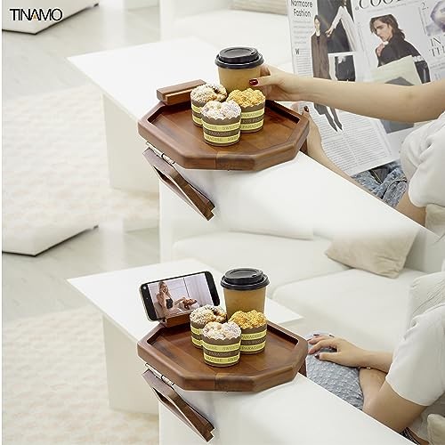 Octagonal Sofa Arm Tray, Couch Armrest Table with Octagon Phone Holder Acacia