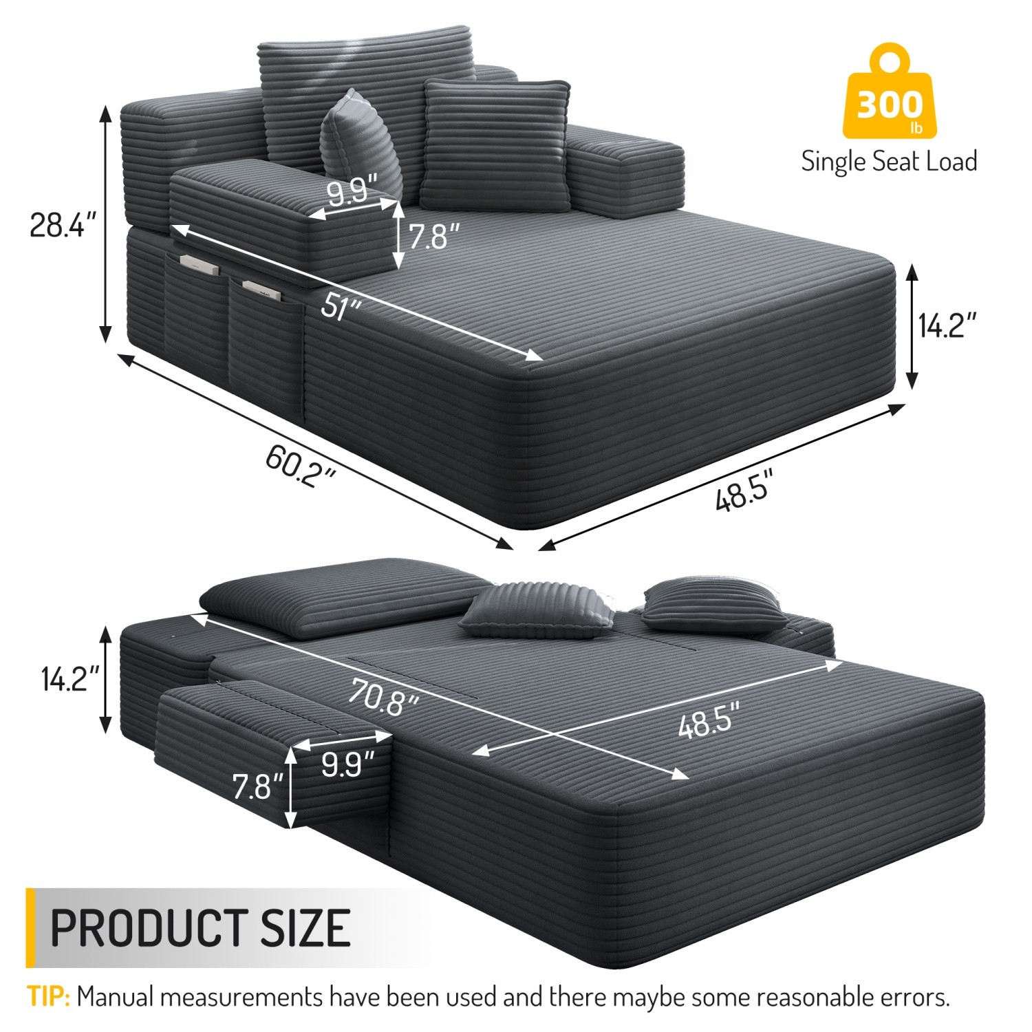 Modern Plush Corduroy Sofa Bed Chaise Lounge No Assembly Required with 3 Pillows