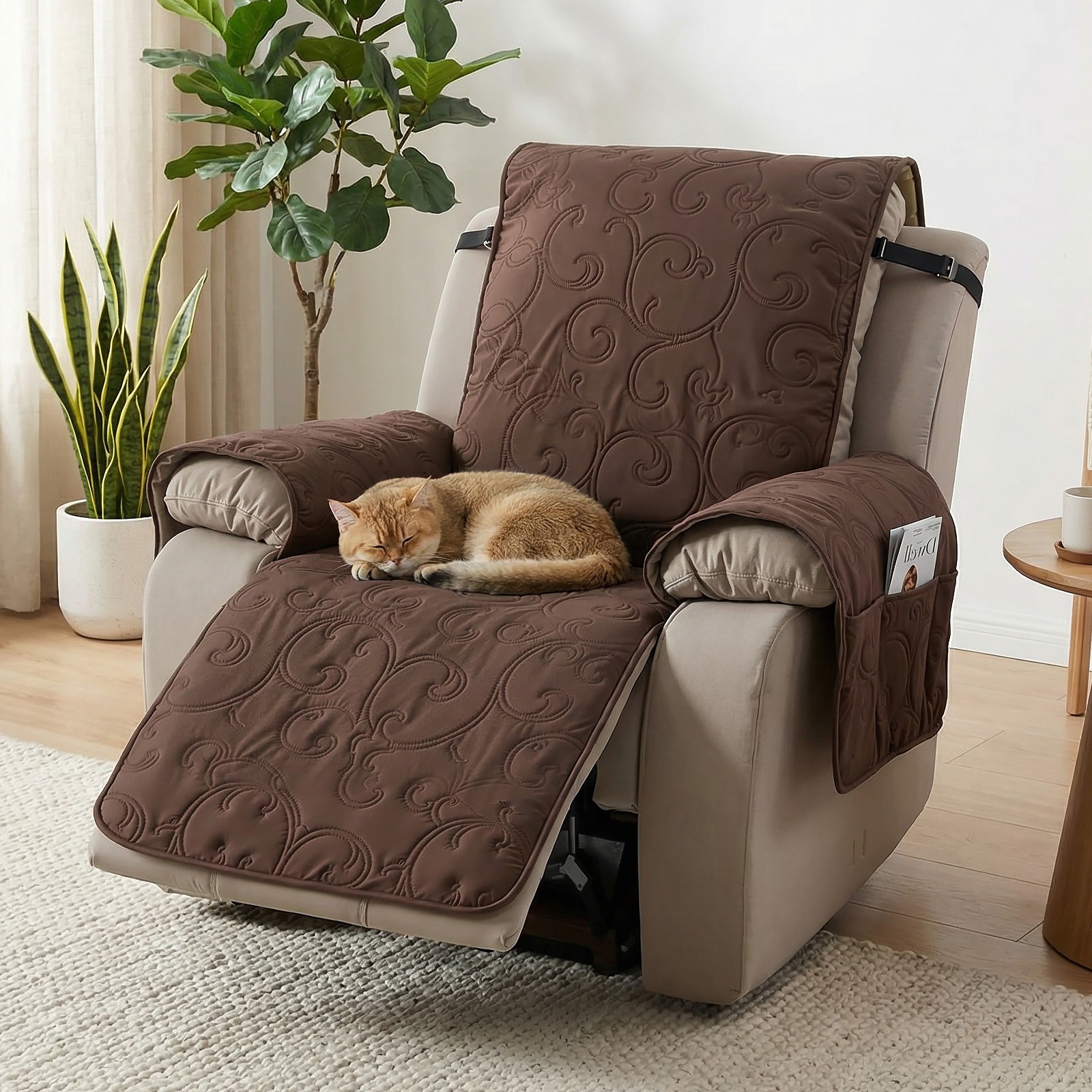 100% Waterproof Quilted Recliner Chair Cover Pad Non-Slip Protector w/ 6 Pockets