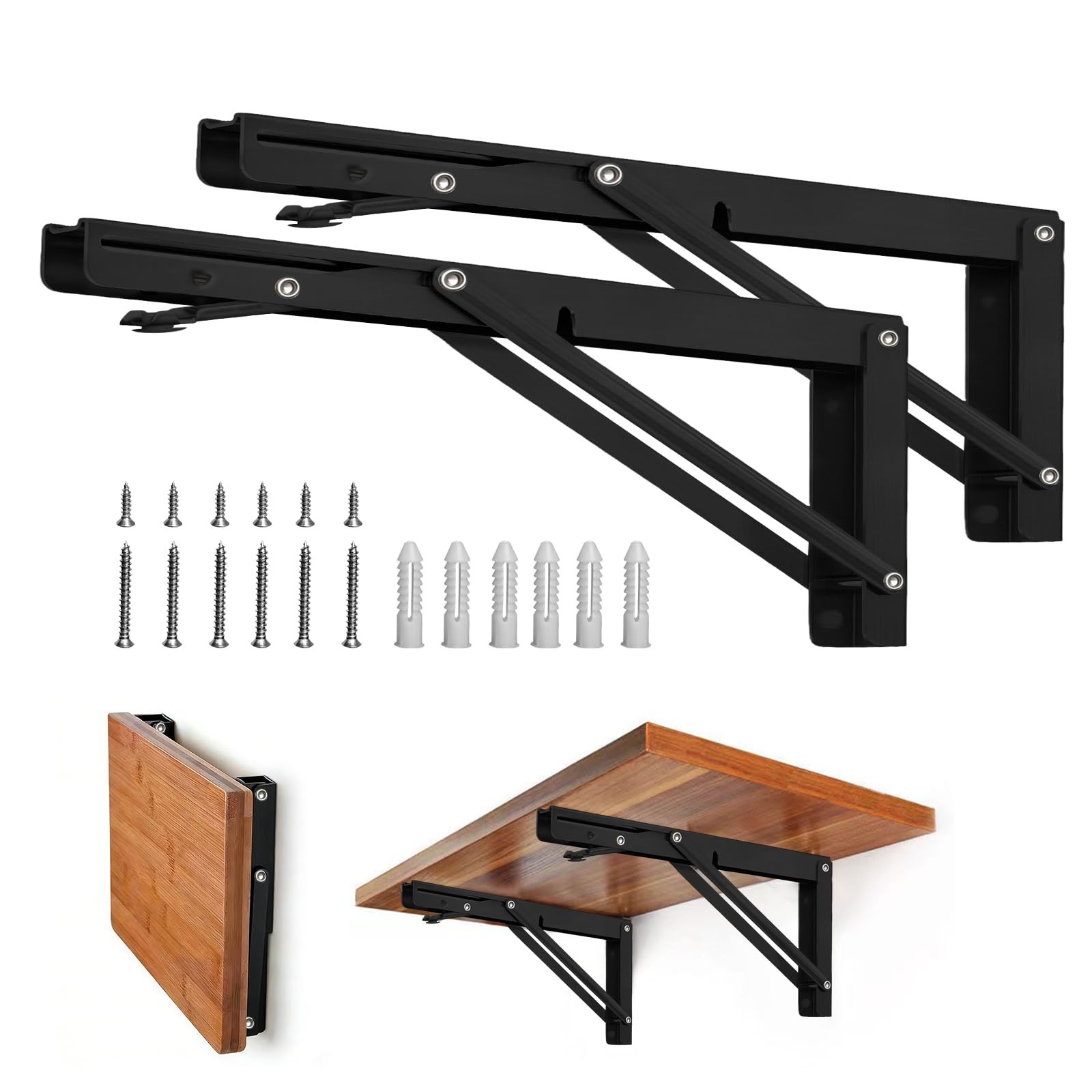 2 PCS 16 Inch Metal Collapsible Folding Shelf Brackets Wall Mount 150 lb Black