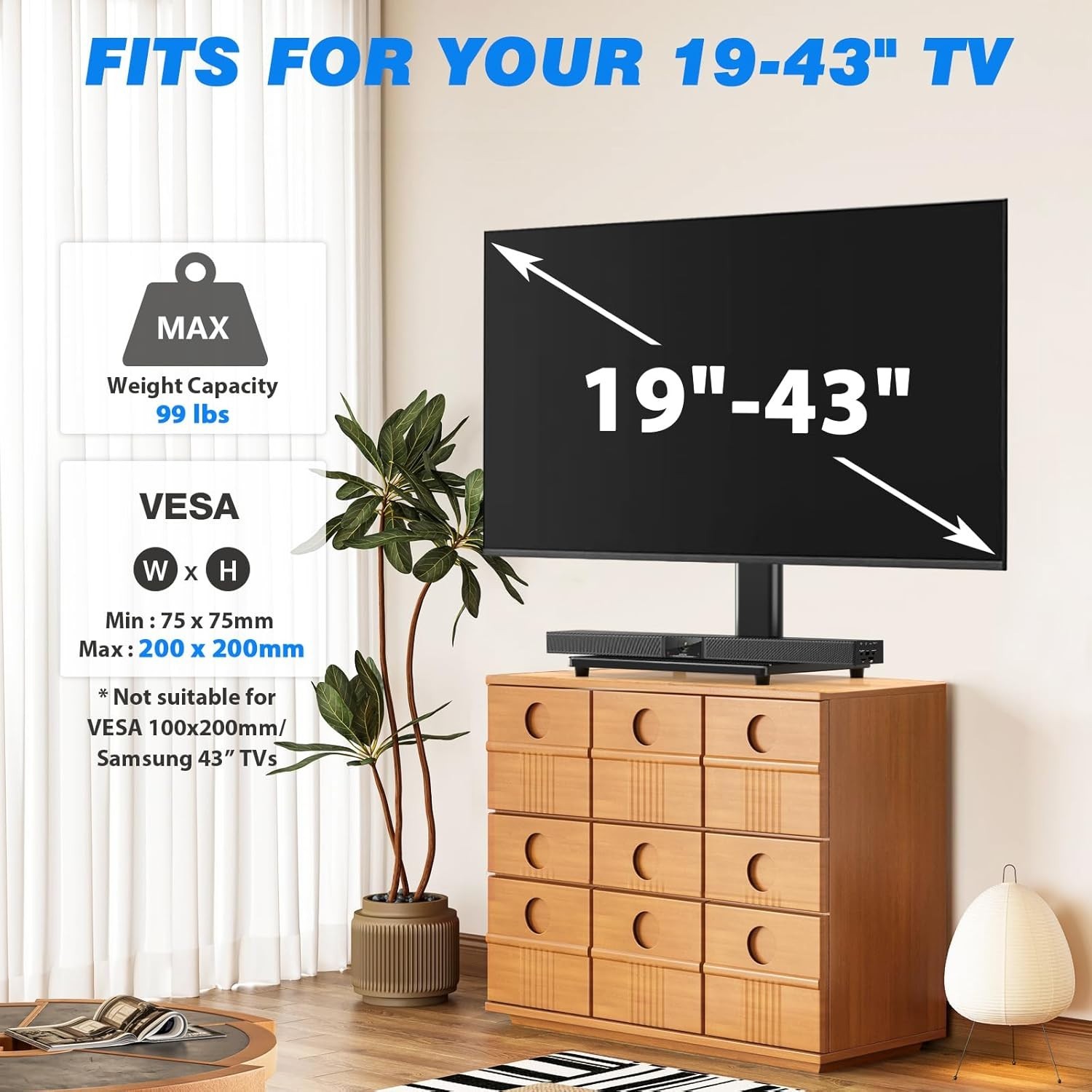 Heavy Duty Adjustable TV Stand Base for Flat Screens 19-43 Inch, Black Glass