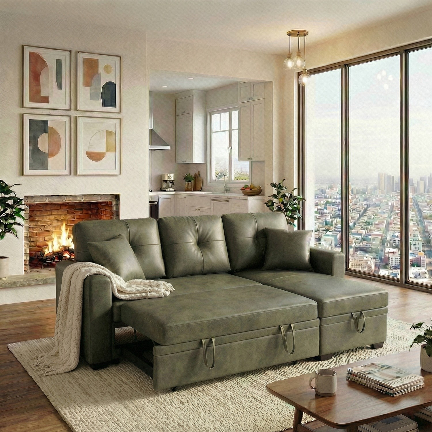 L-Shaped Sofa,Modern Sectional Sleeper Storage Pull Out Bed Reversible Chaise