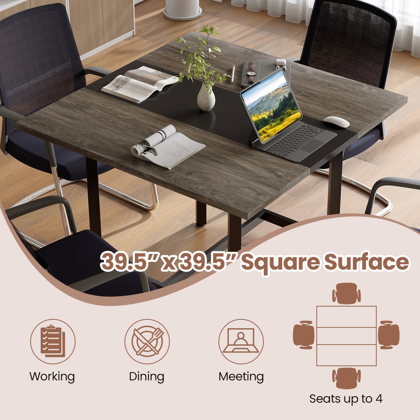 2PCS 39.5” Square Conference Table w/Thickened Tabletop & Heavy-duty Metal Frame