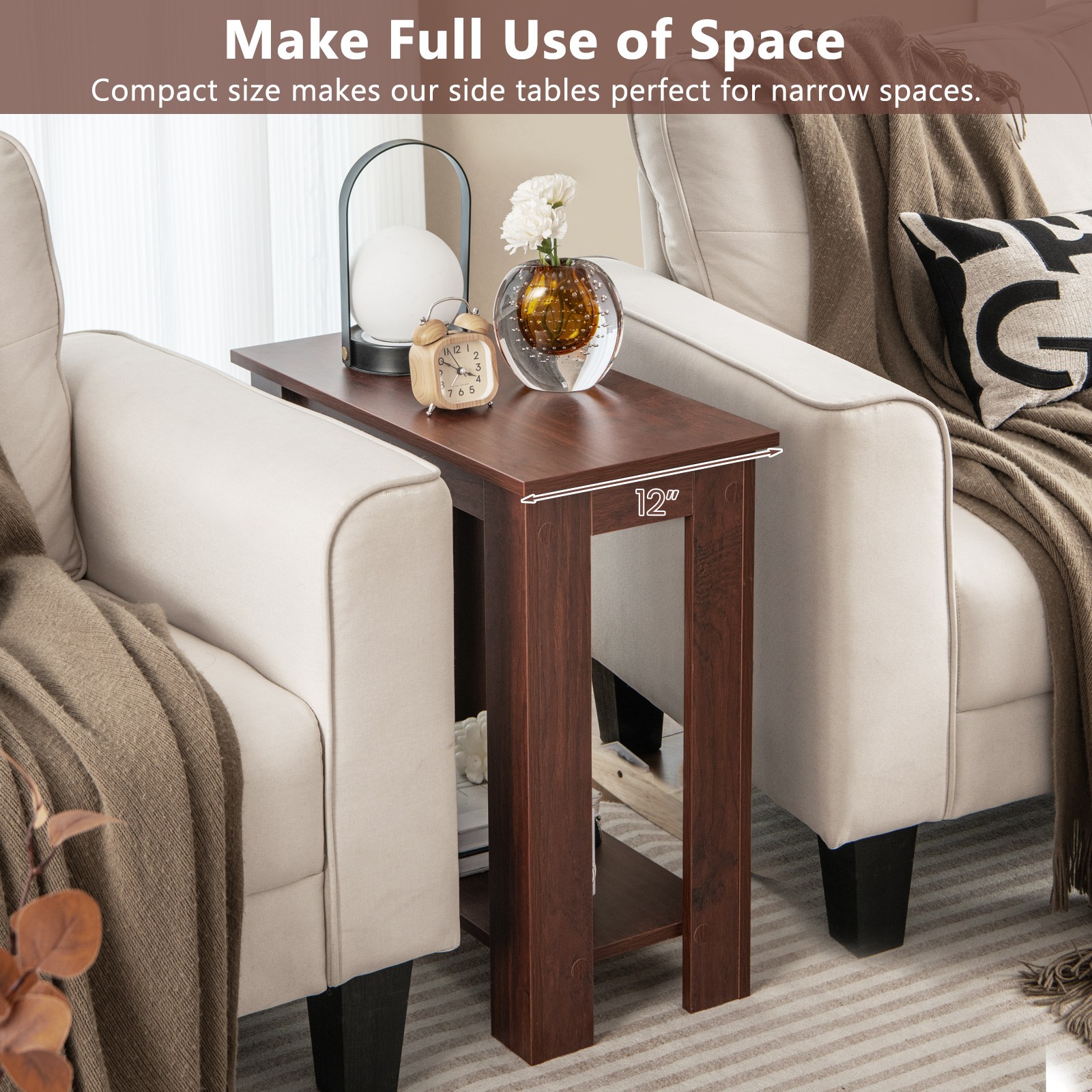2-Tier End Table Sofa Bedside Table Compact Nightstand w/ Storage Shelf Espresso