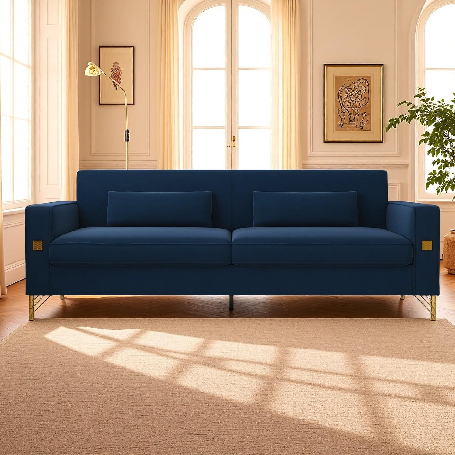 Luxury 86″ Velvet Sofa with Removable Cushions and Gold Accents, Blue