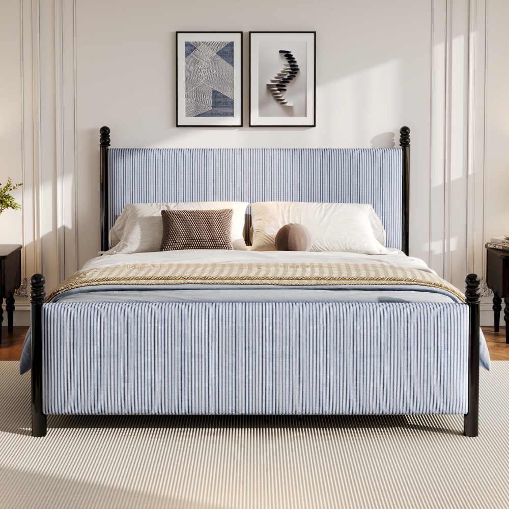 Striped Rubberwood Queen/King Bed Frame, 48″ High Headboard, 800LBS Support