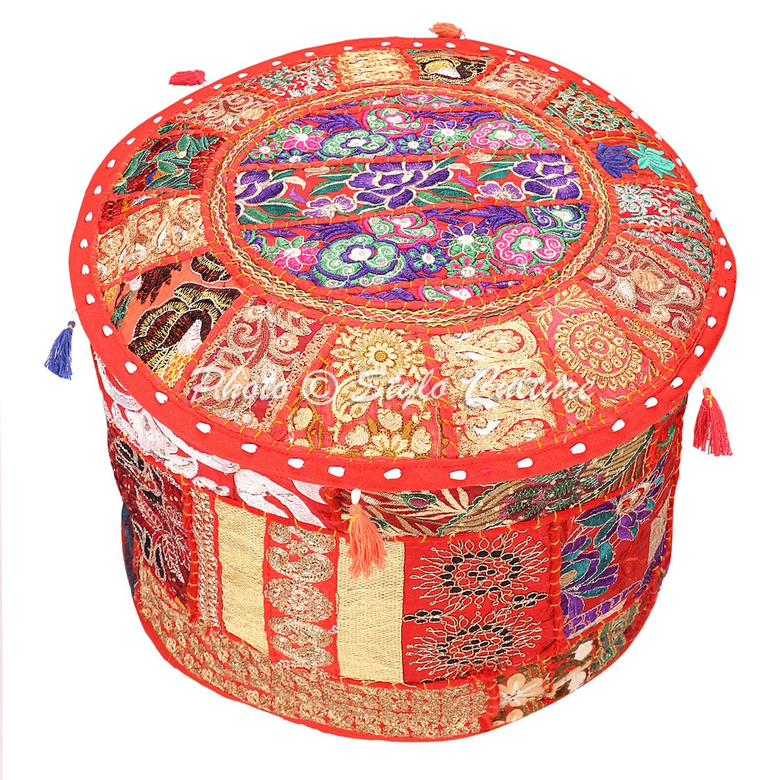 Indian Round Vintage Ottoman Patchwork Embroidered Pouf Cover Bohemian 16″ Red