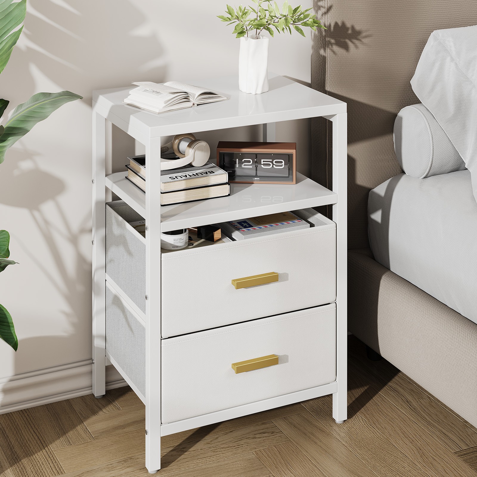 Bedside End Table Particle Board Modern Nightstand With 2 Fabric Drawers For