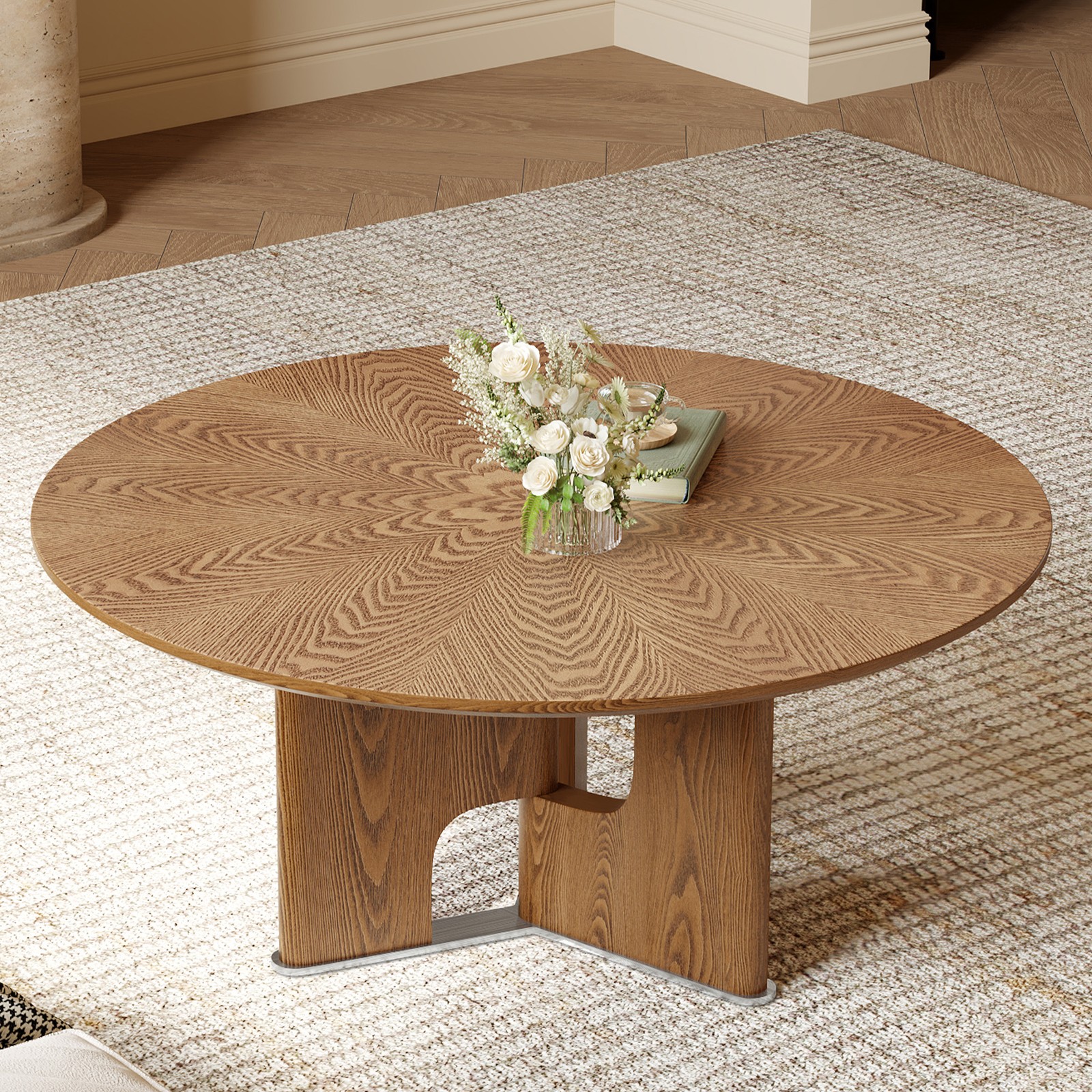 31.5 Inches Round Rustic Ash Wood Veneer Coffee Table for Small Living Room