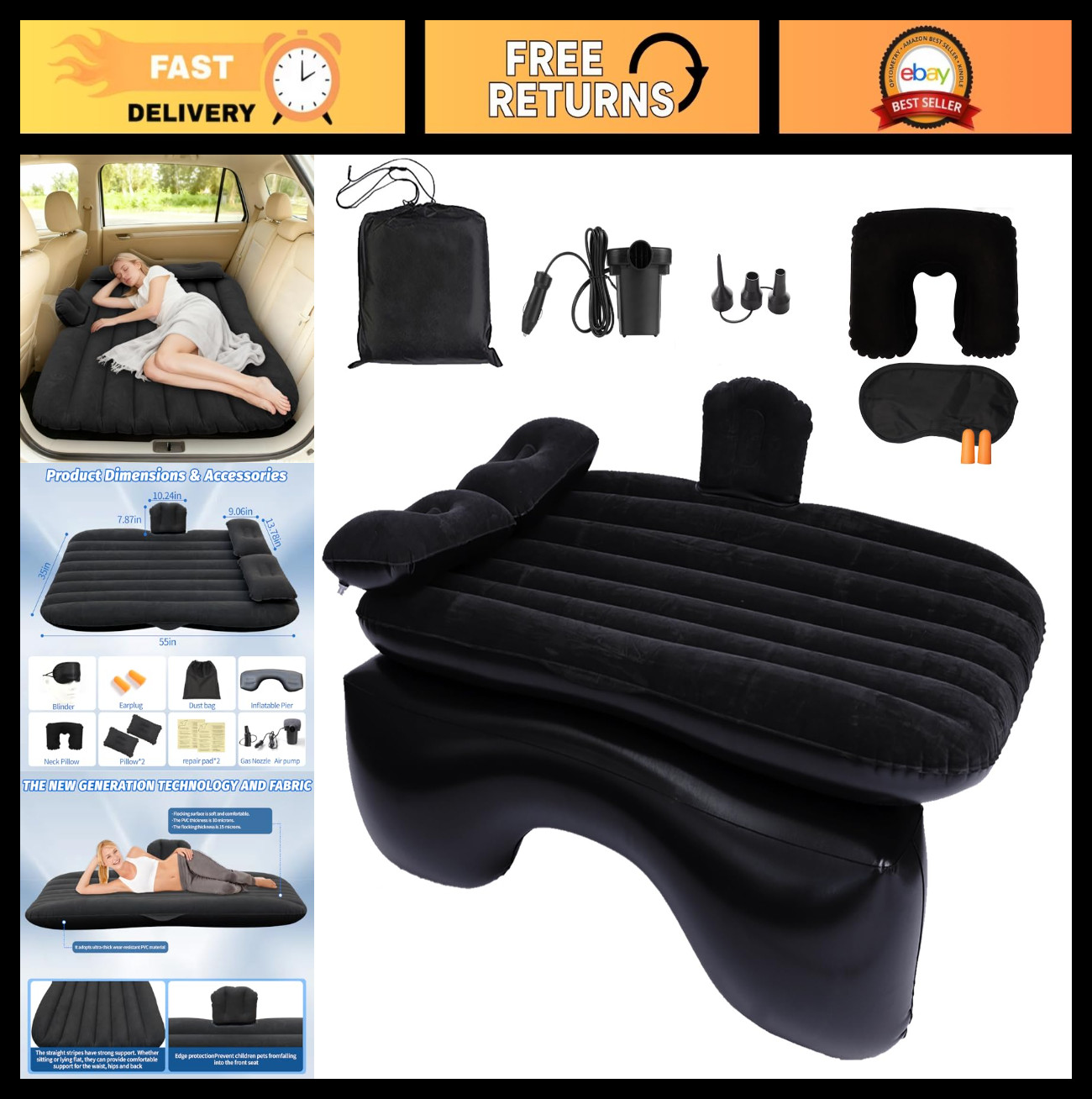 Portable Inflatable Car Air Mattress for Travel & Camping – 55″x35″ with Pump