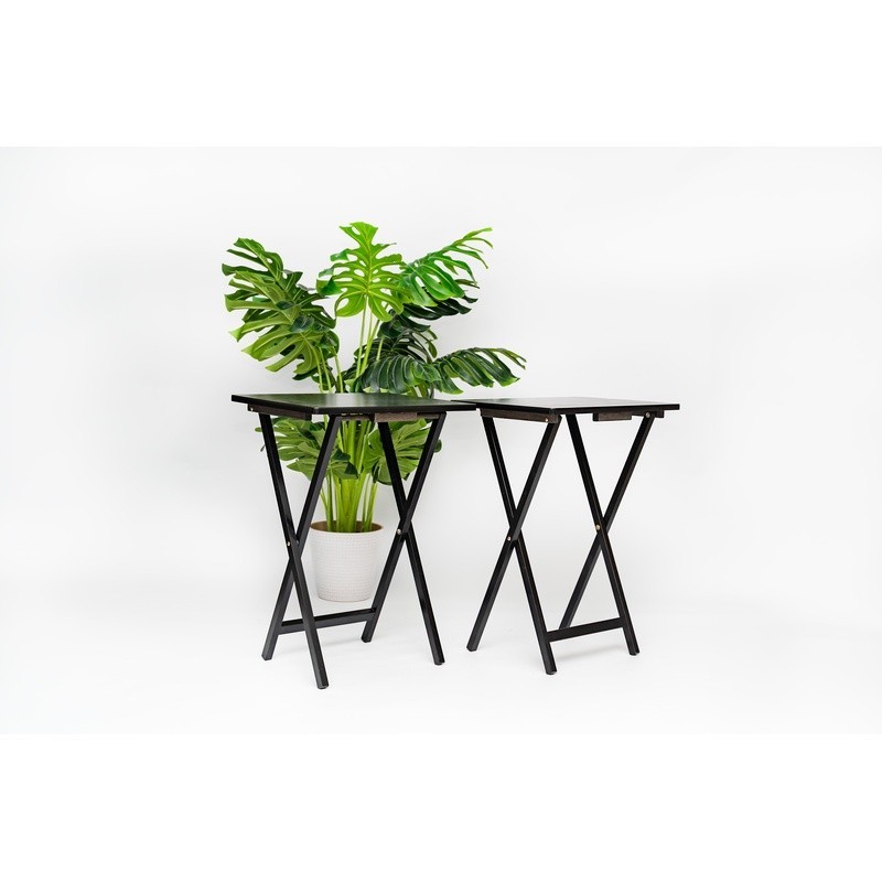Indoor Folding TV Tray Table Set of 2 Portable Space Saving Rubberwood Black New