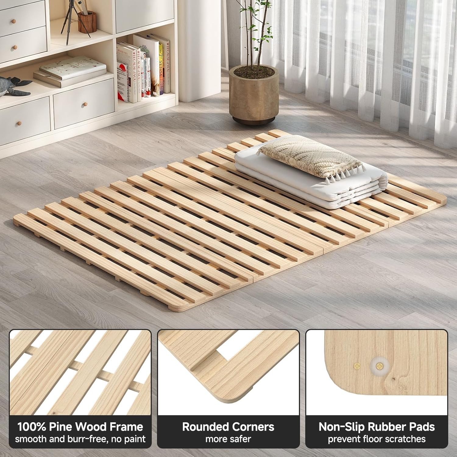 SLSY Fold Wooden Bed Slats Tatami Bed Frame Plate 2in1 Futon Care Twin FullQueen
