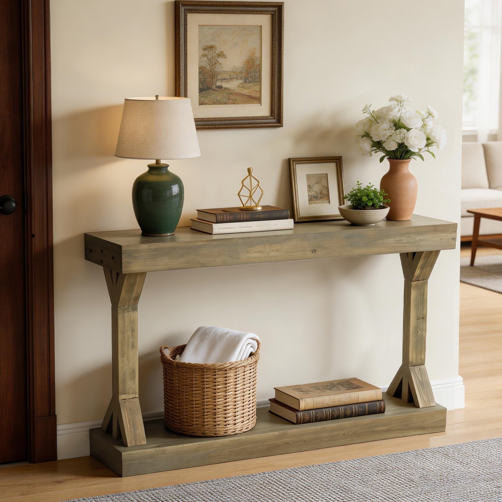 Long Solid Wood Console Table Rustic Farmhouse Entryway Sofa Table with Shelf