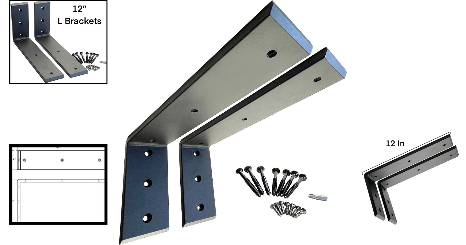 Versatile Black Wall Mounted Brackets – 12″x6″ Heavy Duty, 300 lbs Load Capacity