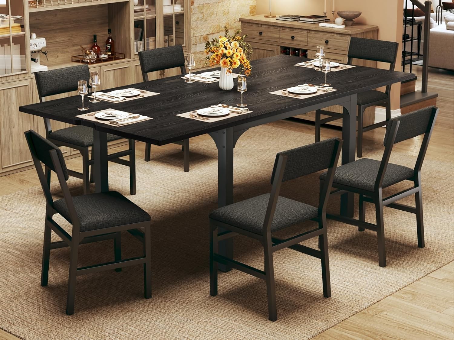 7-Piece Dining Table Set 4-6 Extendable Kitchen Table Cushion Chairs Set of 6