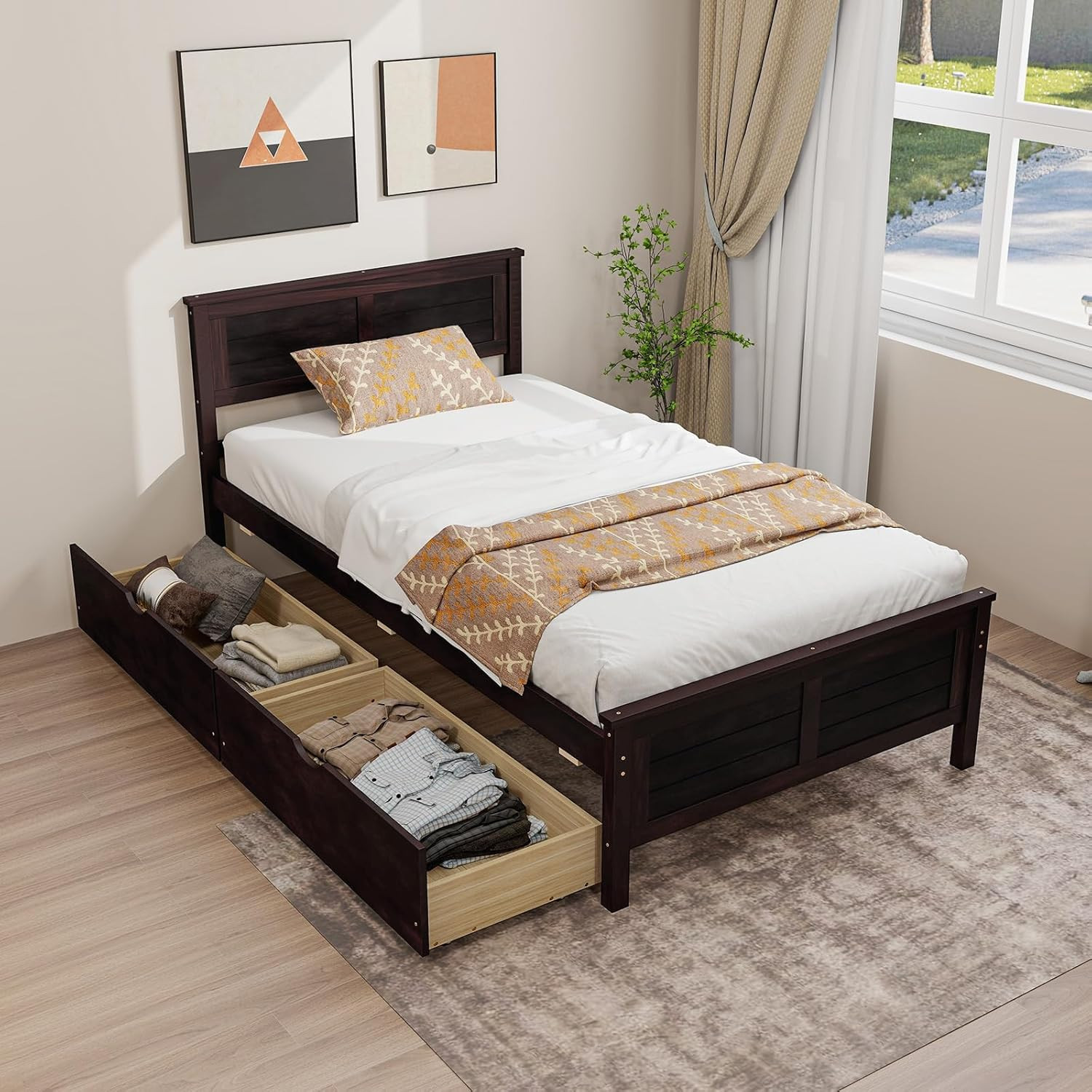 Espresso Twin Bed Frame with Storage Drawers, Solid Wood Platform for All Ages