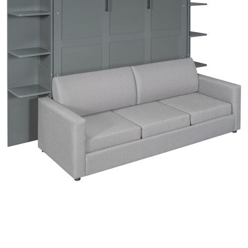 Queen Size Murphy Bed Wall Bed with Sofa Shelves and LED Lights Wood Hidden Beds