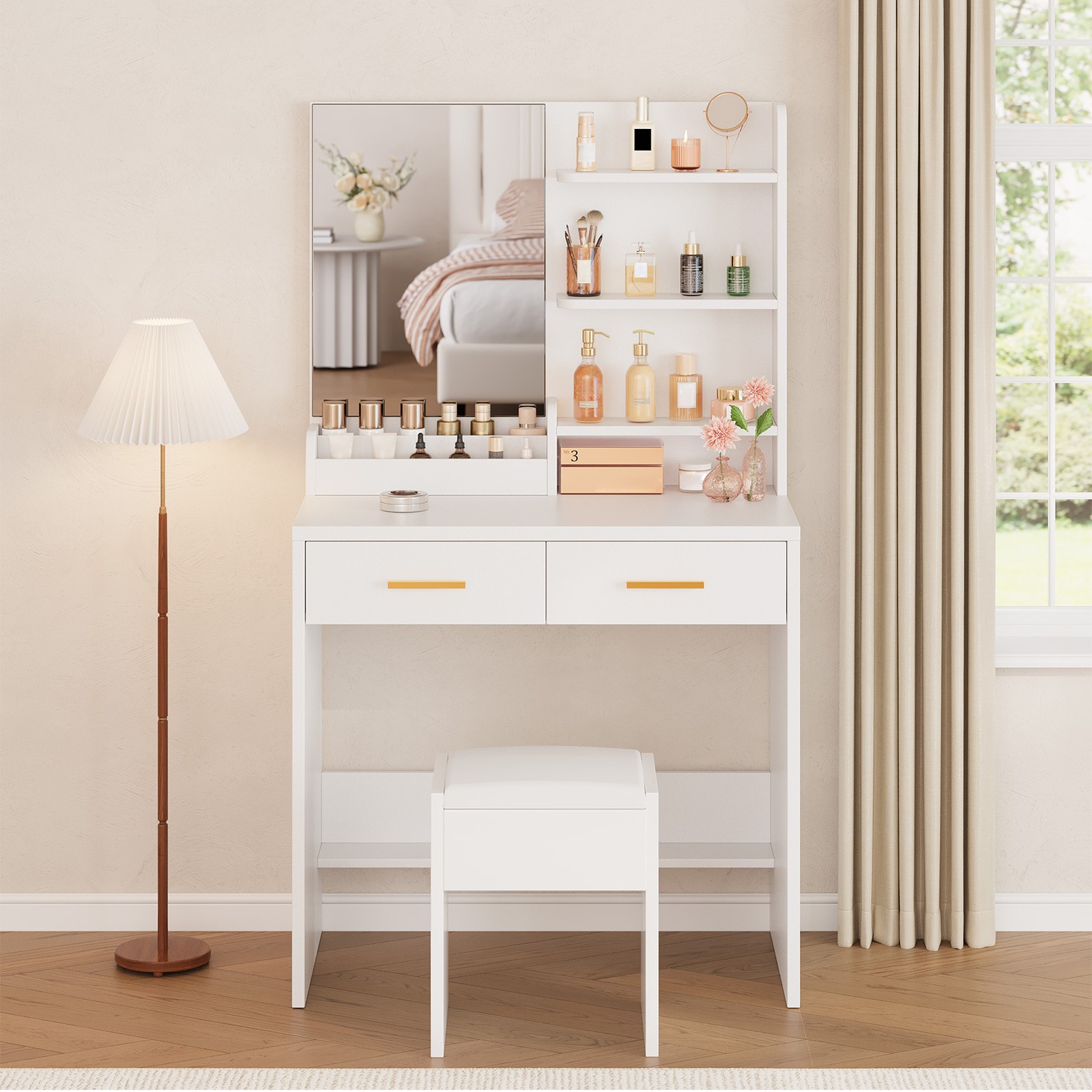 Vanity Desk Easy Assembly Dressing Table Full Mirror Design Bedroom Cosmetic Sto