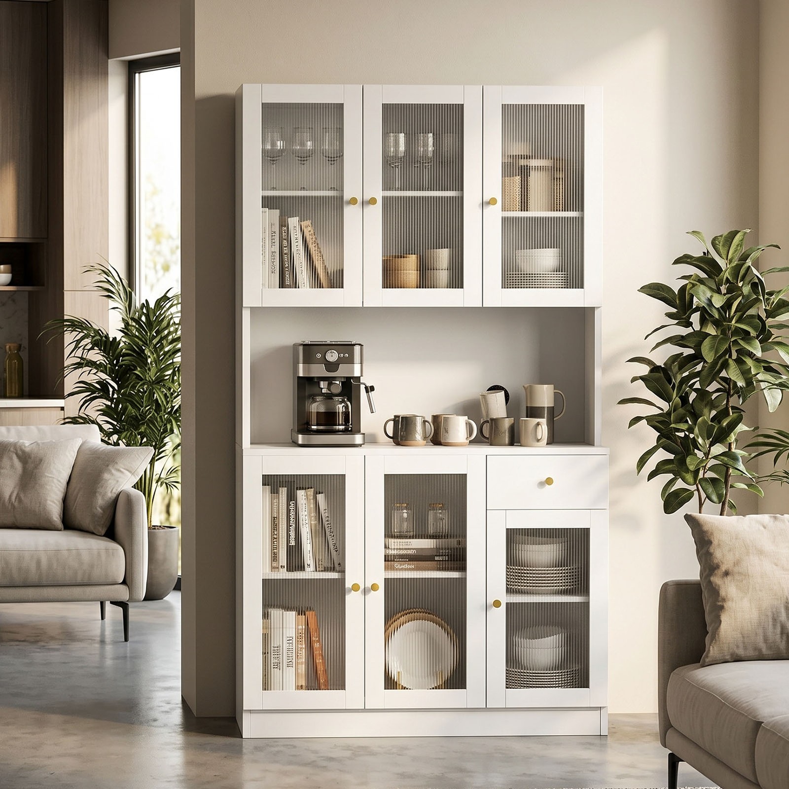 70.9 Inch White Tall Storage Cabinet Anti-Deform Wood Fluted Glass Organizer