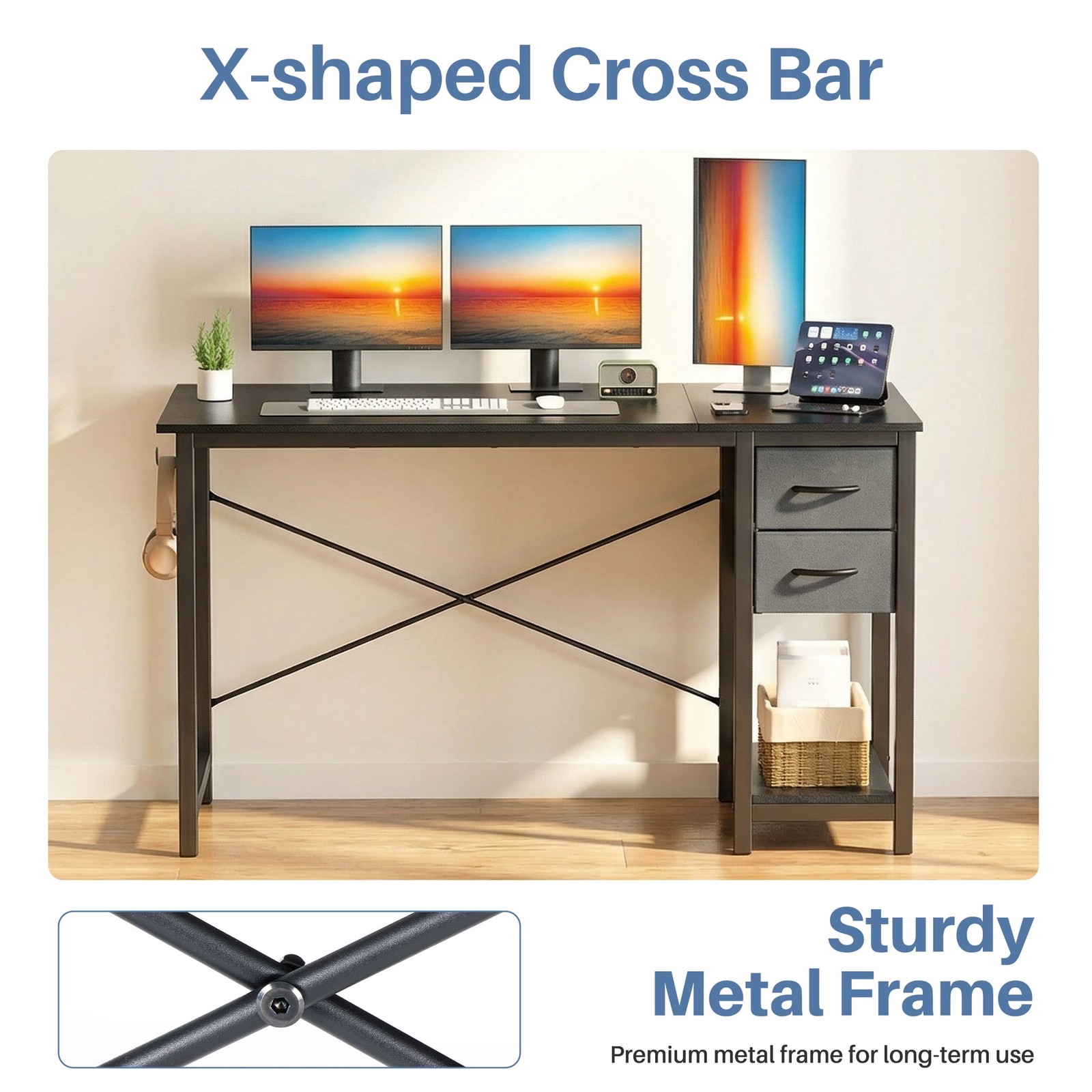 CONCETTA 40in Small Computer Desk with 2 Drawers, Side Headphone Hook, Writing W