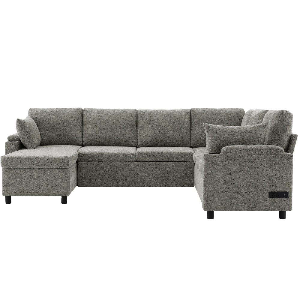109.9″ Sectional Sofa Bed U-shaped Sofa with Storage, Cup Holders, Light Grey