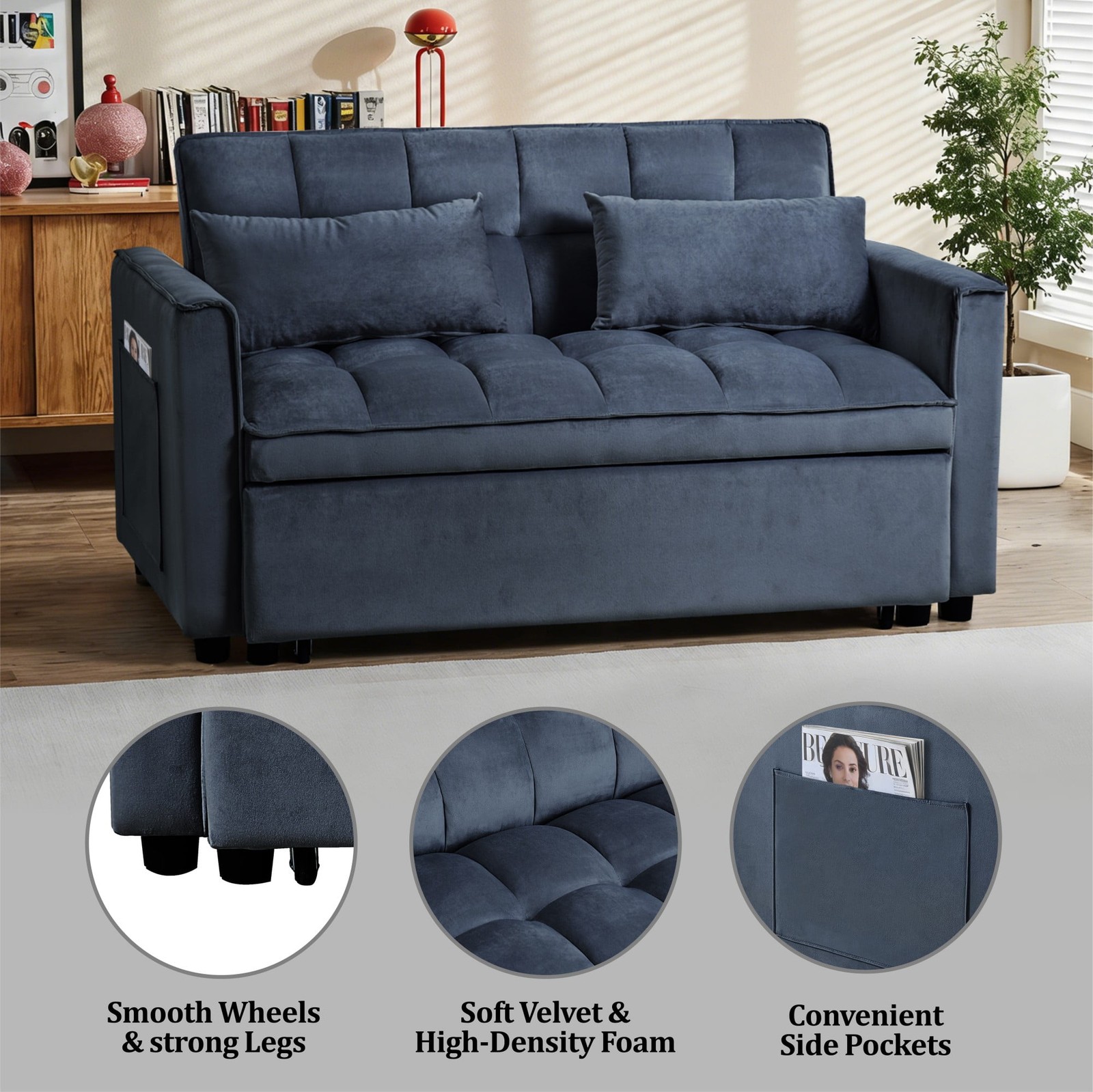 3&1 Convertible Sleeper Sofa Bed Velvet Pull Out Couch Adjustable Loveseat Futon