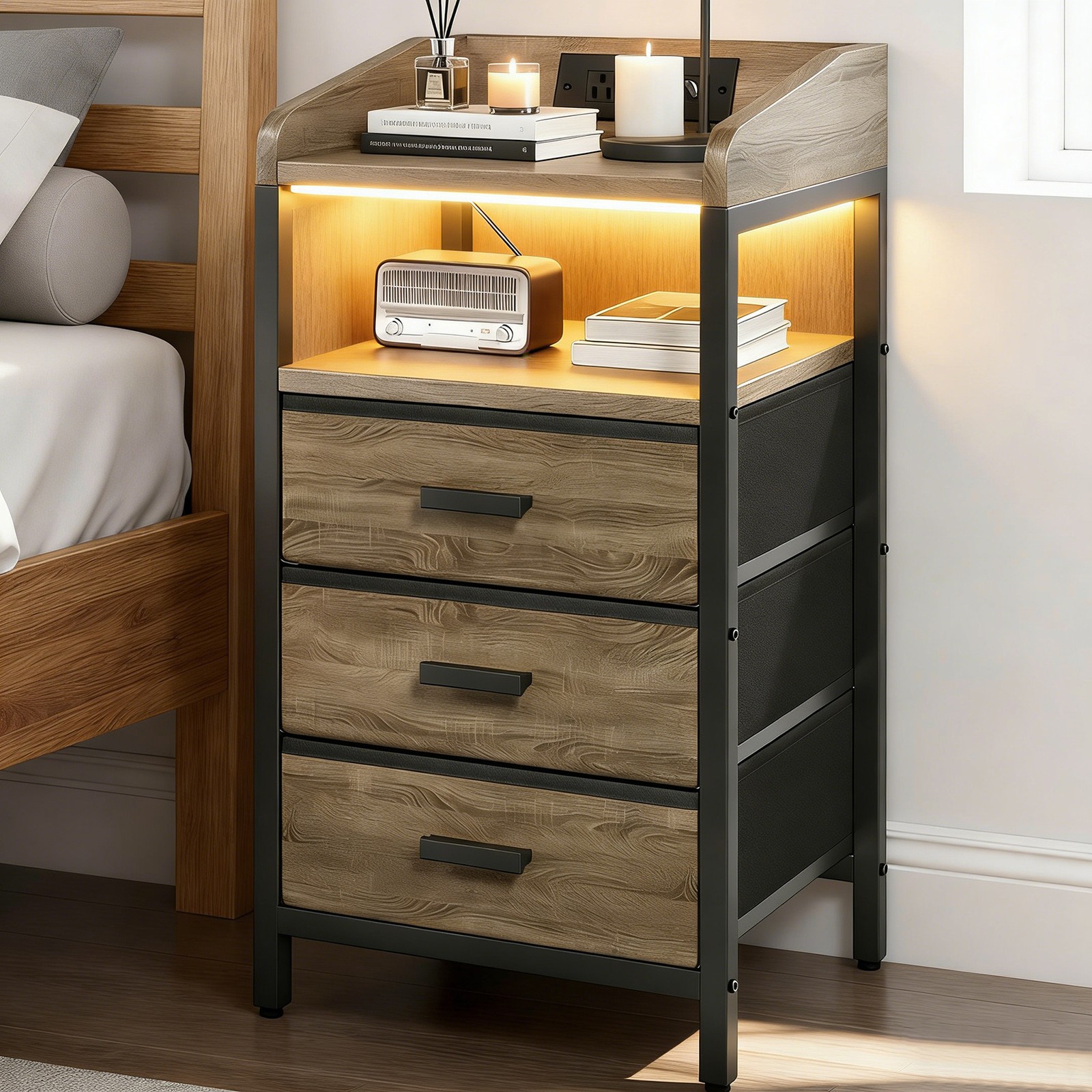 Set Of 2 Nightstand with 3 Fabric Storage Drawers 2 USB Ports Outlets Bedroom