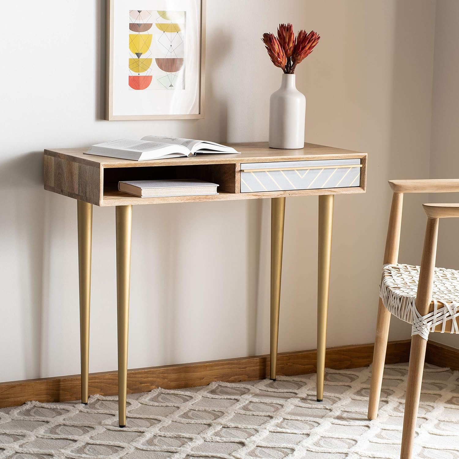 Leni Modern Natural Grey Brass 1-Drawer Desk for Stylish Home Office