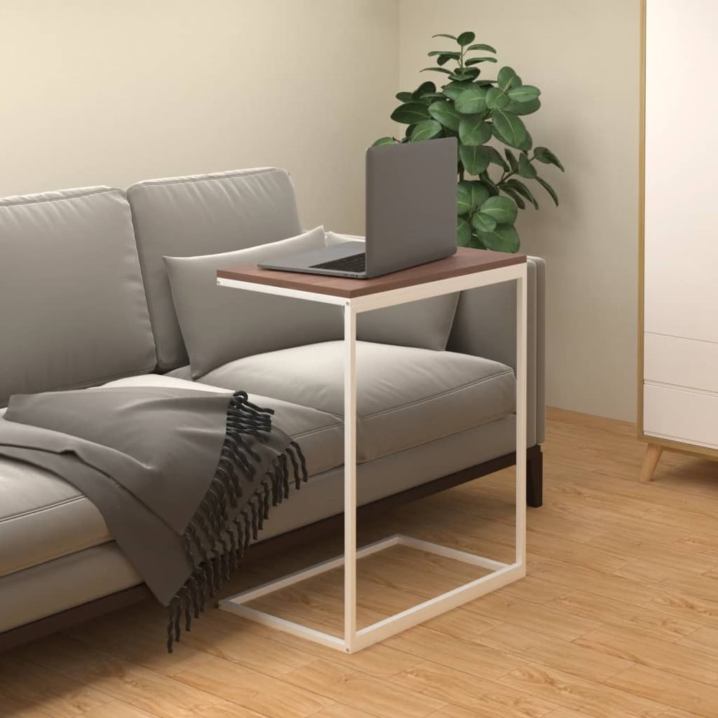 Side Table White and Brown Engineered Wood and Iron Compact