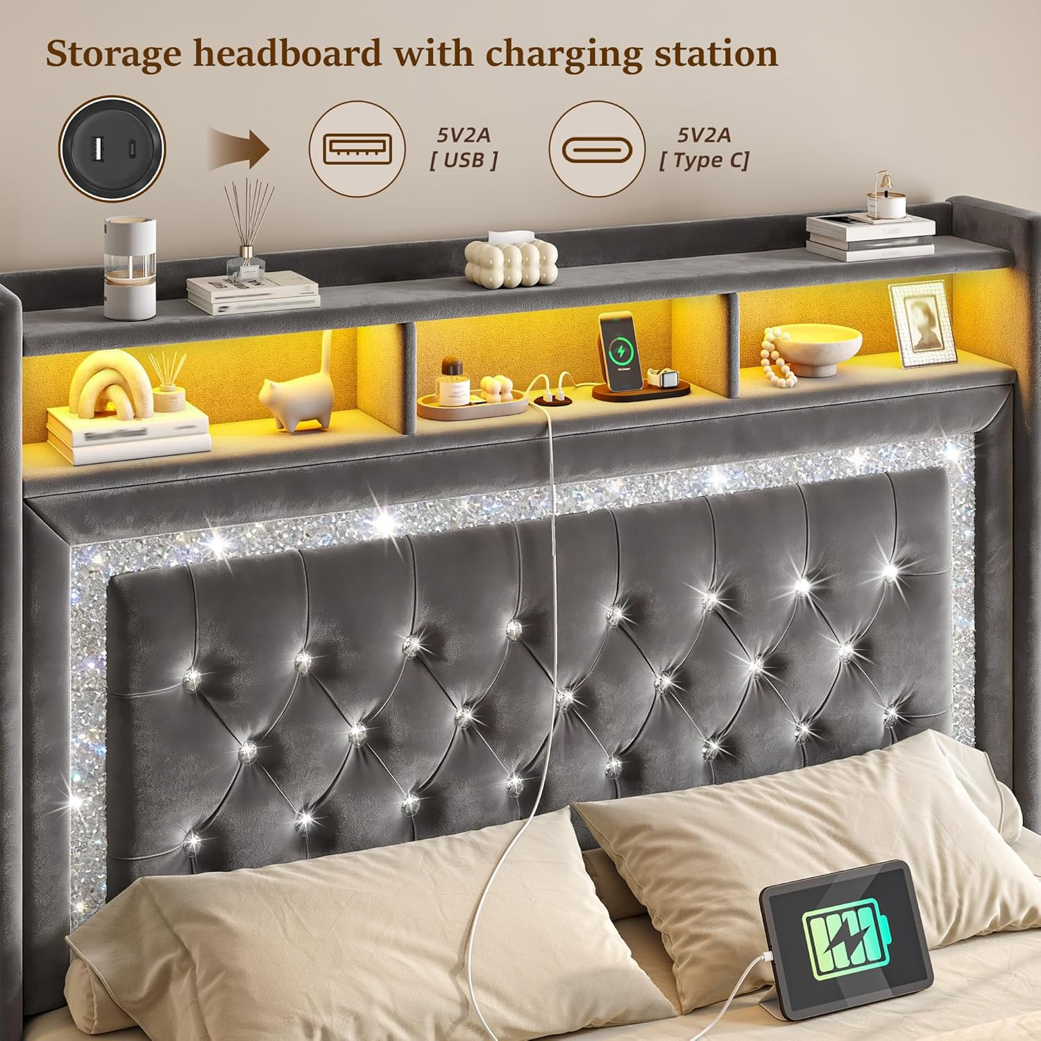 Queen Floating Bed Frame, Charge Station & LED Lights, Grey | 54″ Tall Velvet St