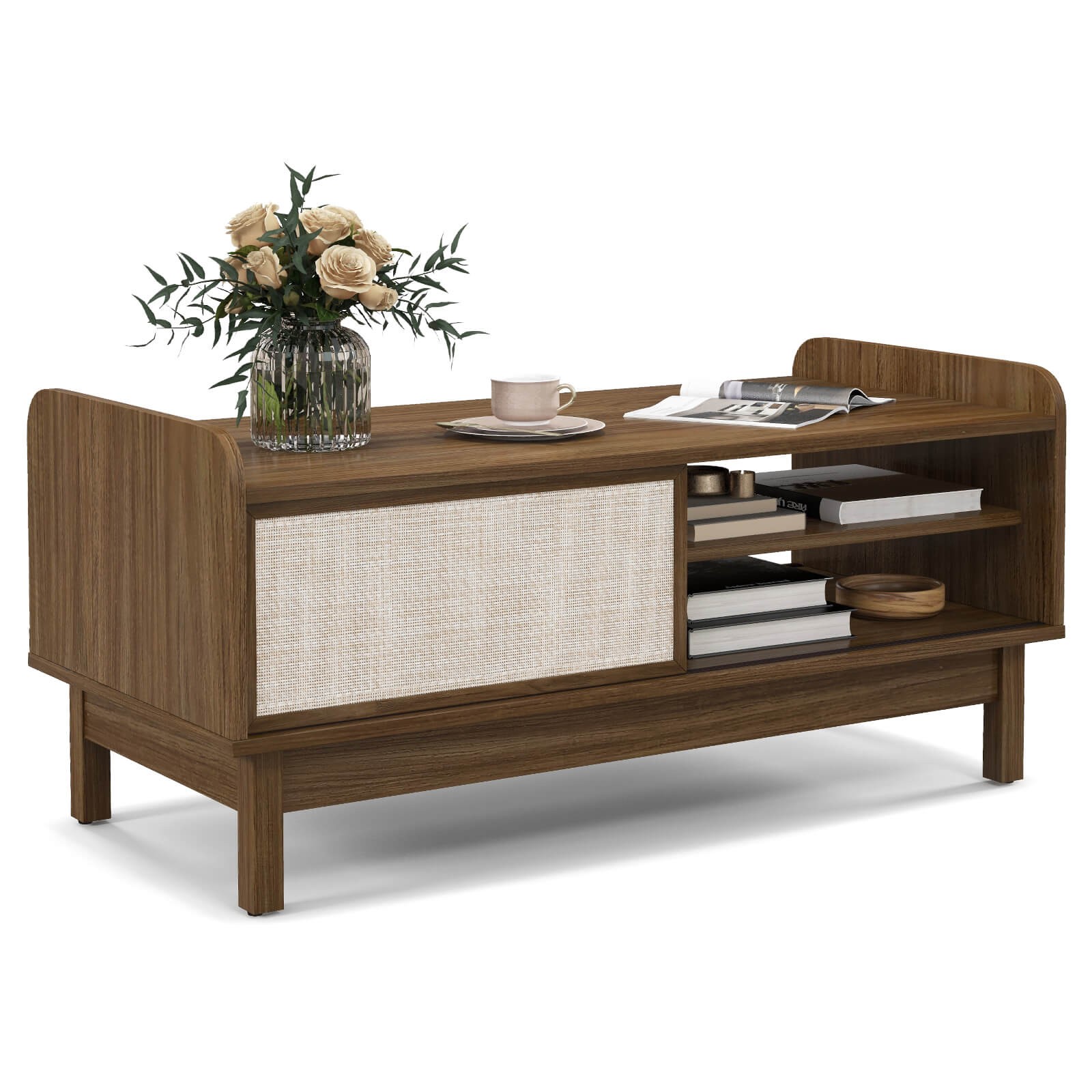 Rectangular Coffee Table with Storage Weaving Sliding Door & Adjustable Shelf