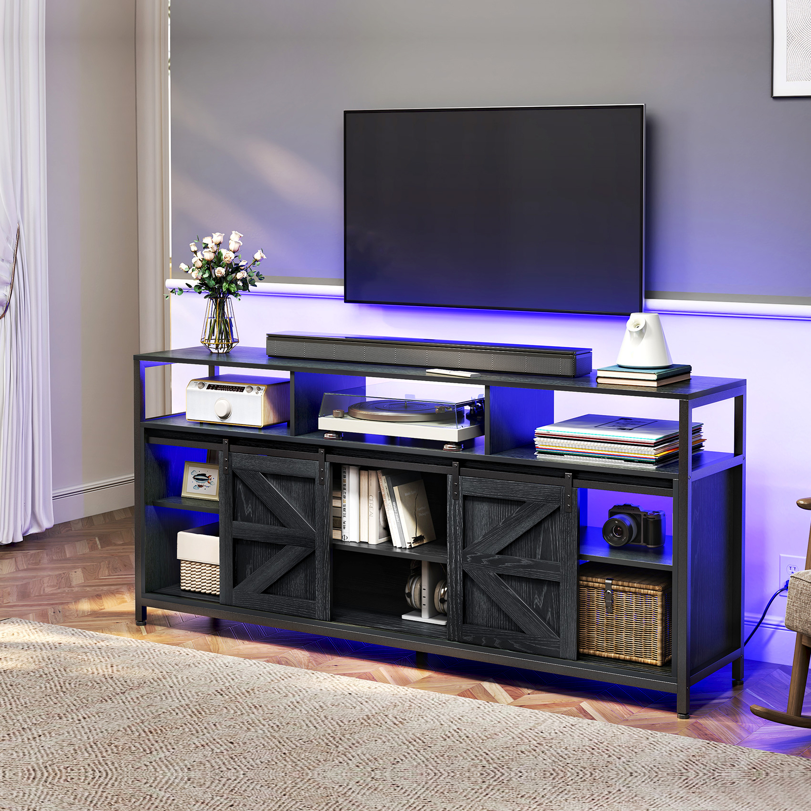 TV Stand Wood with RGB LED & Power Ports 70″ TV Cabinet Entertainment Center
