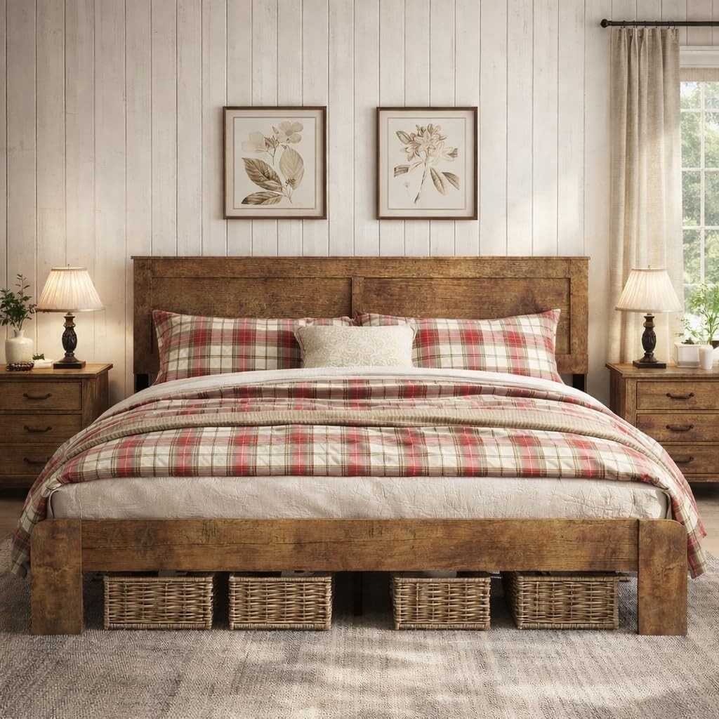 Wooden Bed Frame King Size with Headboard, Farmhouse Platform Bedframe with Wood