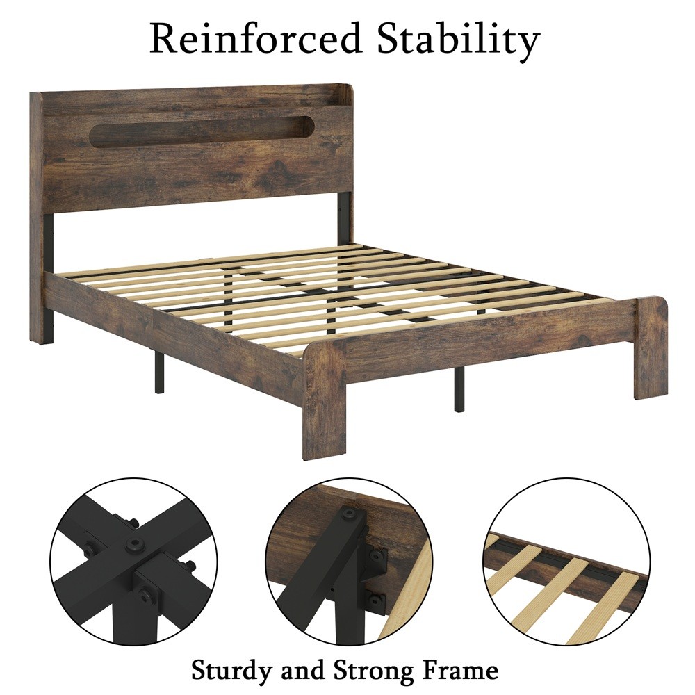King Size Bed Frame Wood Platform with LED Light Storage Headboard and USB Brown