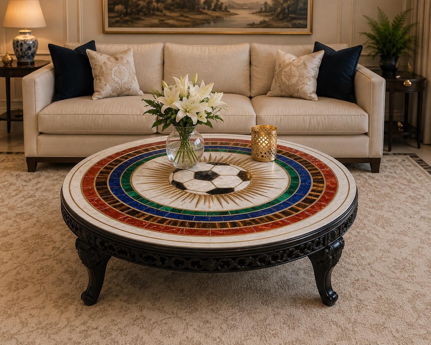 Luxury Pietra Dura Coffee Table : Handmade Soccer Marble Inlay Table Top