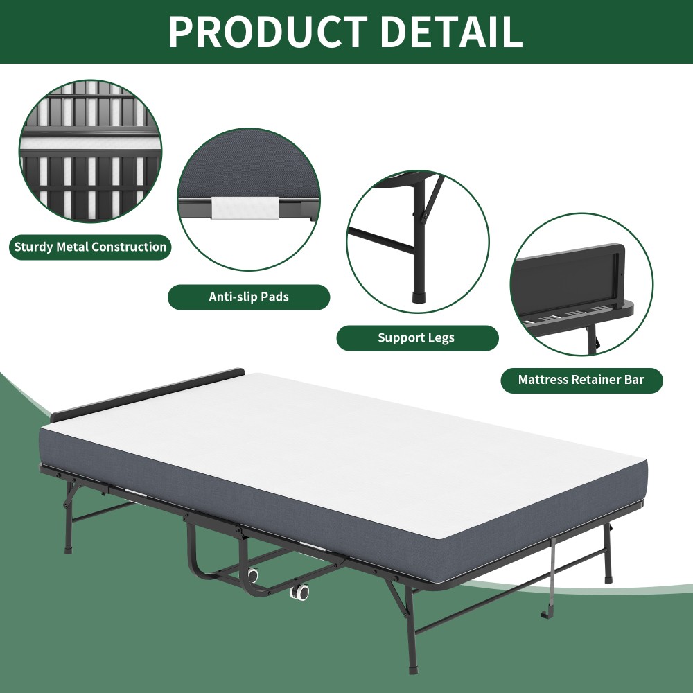 75″ x 46″ Folding Bed with 5″ Memory Mattress Rollaway Guest Bed with Headboard