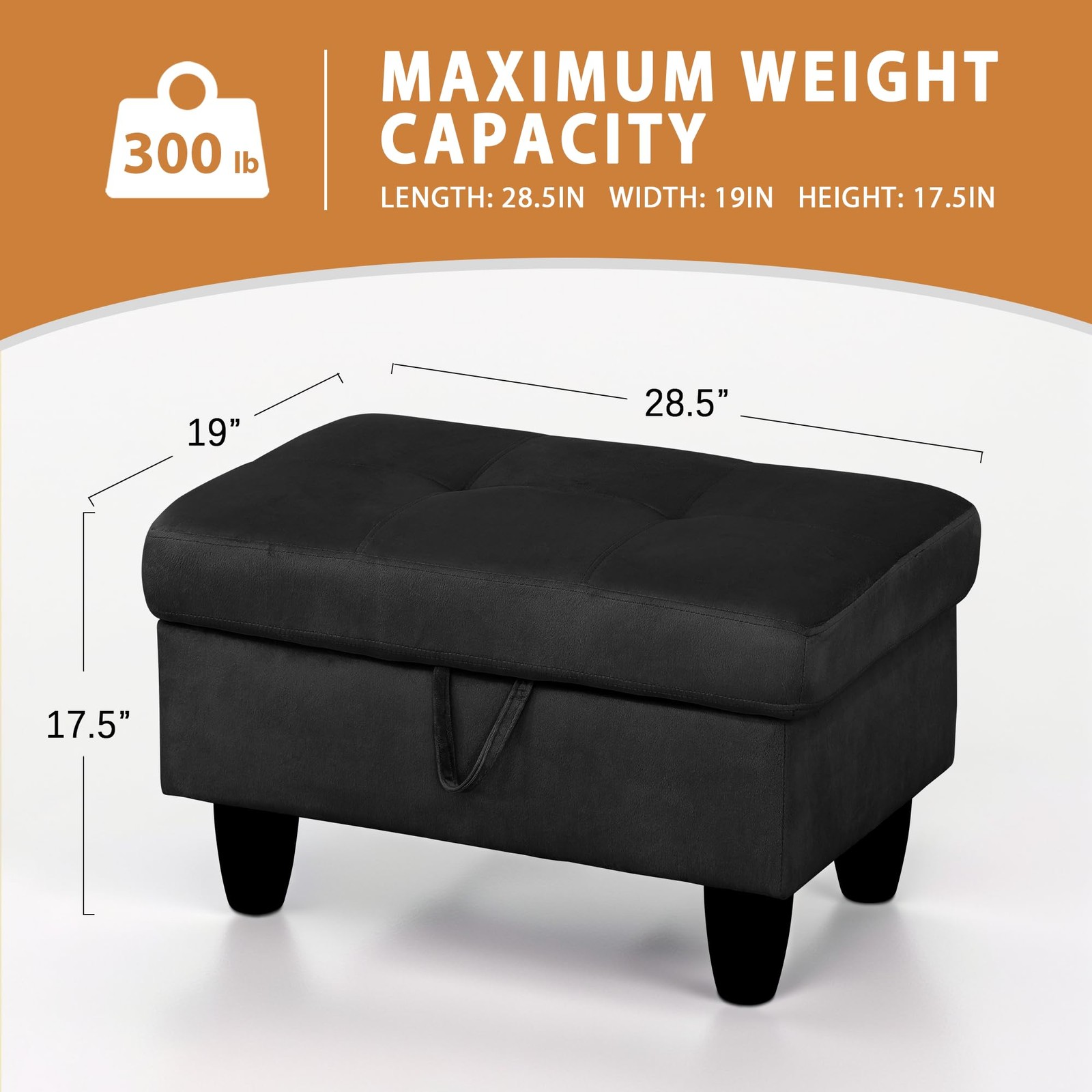 GRETERST Rectangular Storage Ottoman Bench Black 28.5″x19″x17.5″ Flannel