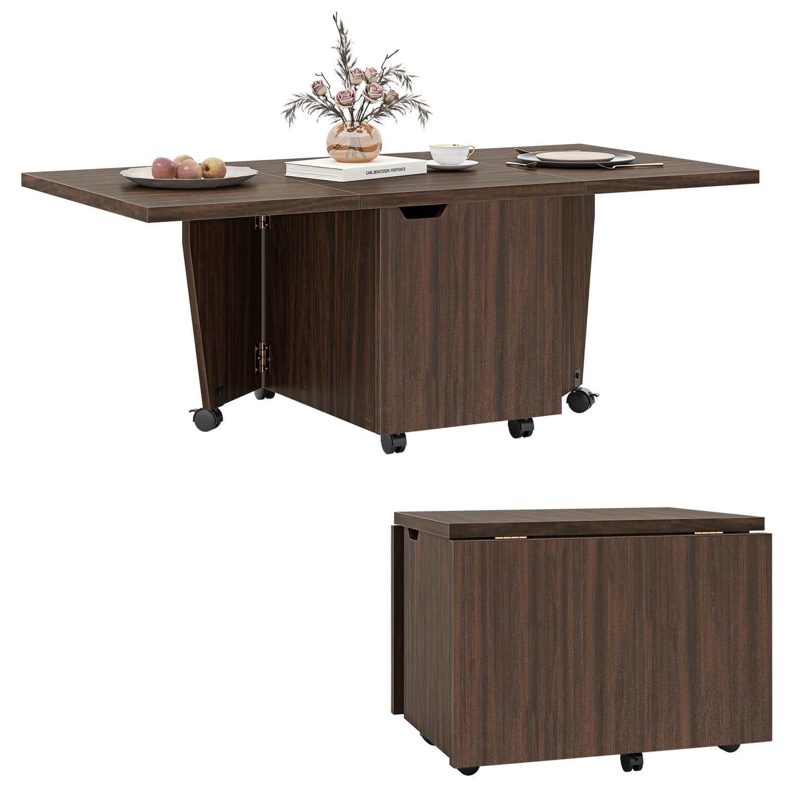 Foldable Coffee Table 48″ Extendable Center Table with Storage Cabinets & Wheels