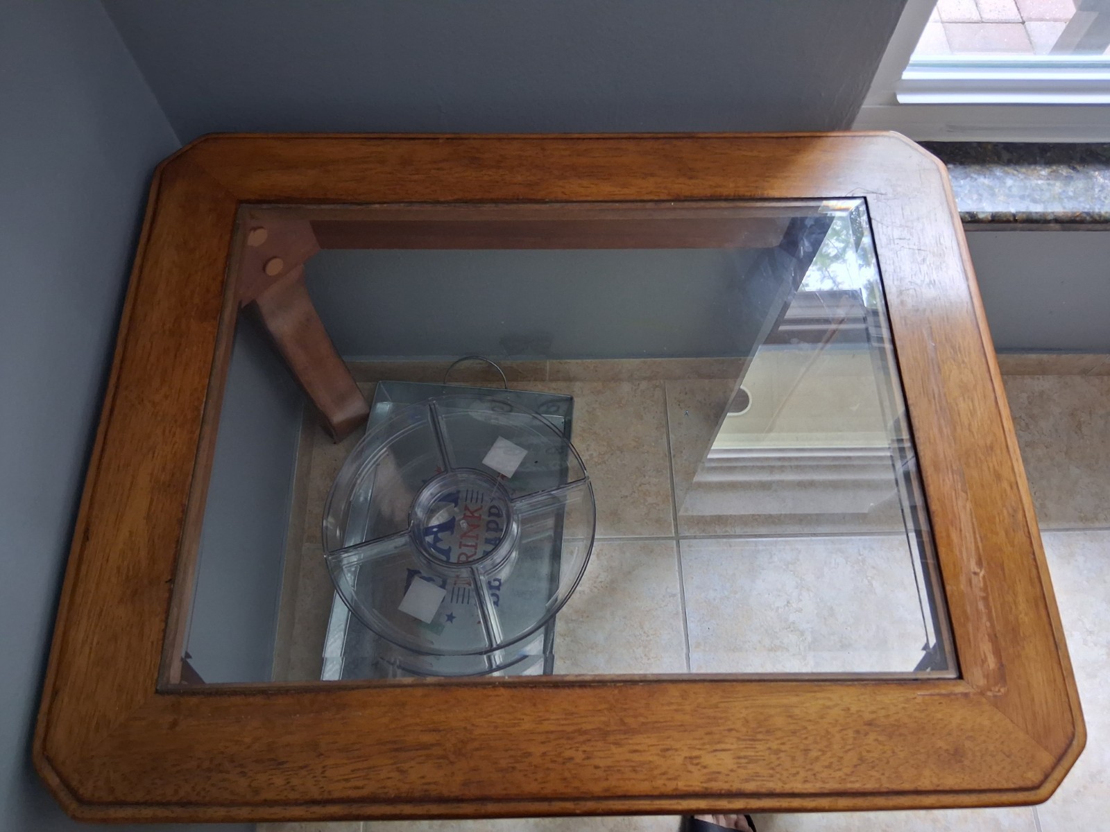 1960s Rectangular Wood End Side Table w/ Glass Inset Top Brown Clear 30x24x28