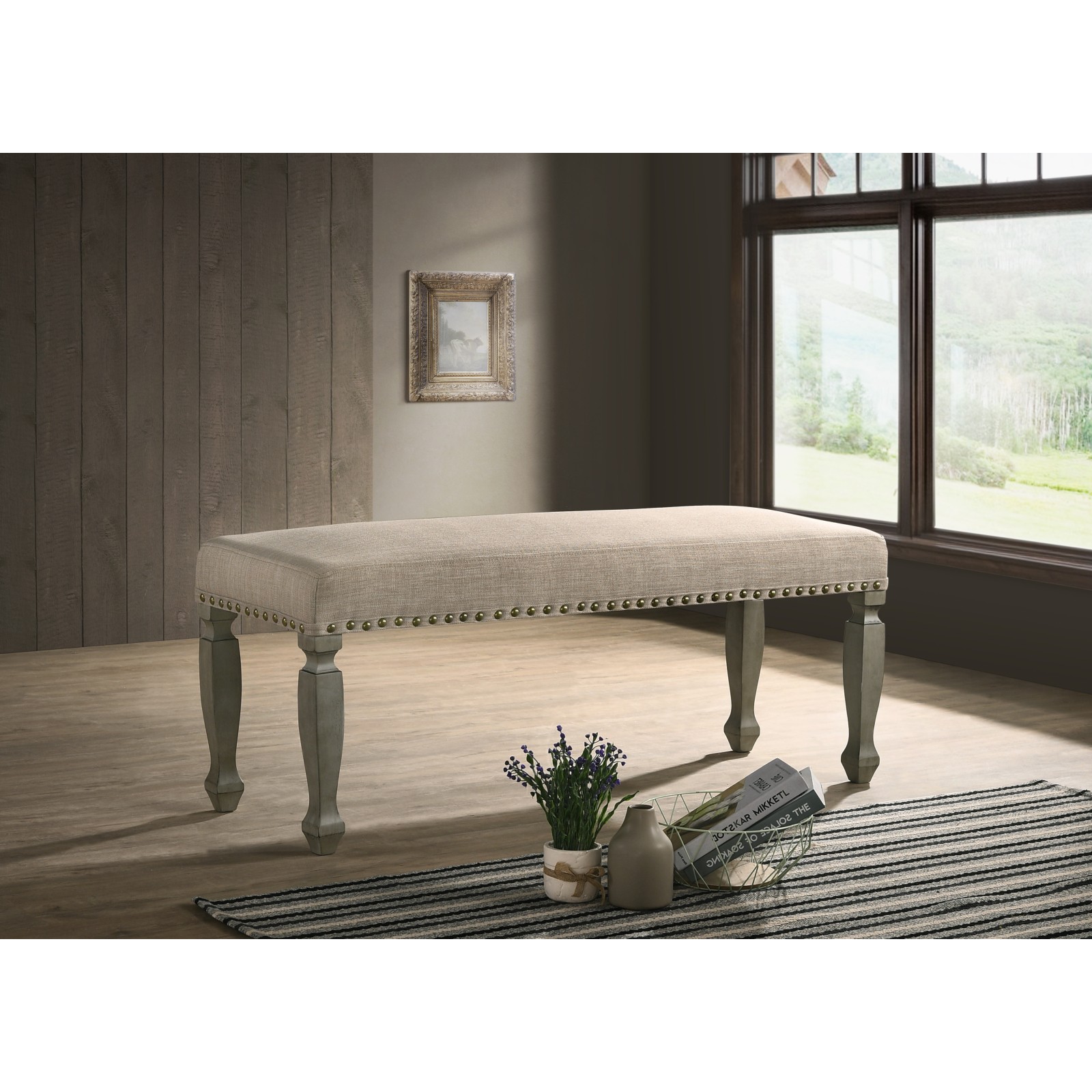 Antique Gray Upholstered Nailhead Bench Tan Cushion 48.62L x 15.16W