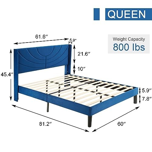 Upholstered Platform Queen Size Bed Frame Queen (U.S. Standard) Dark Blue Wave