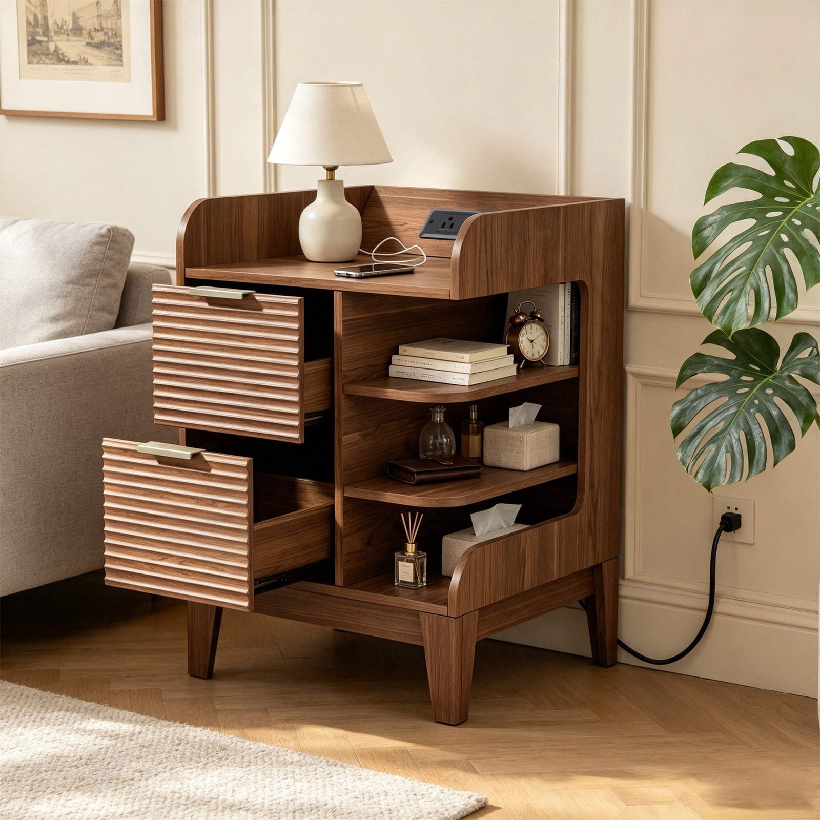 Fluted Nightstand with Charging Station & 2 Storage Drawer for Bedroom, Walnut