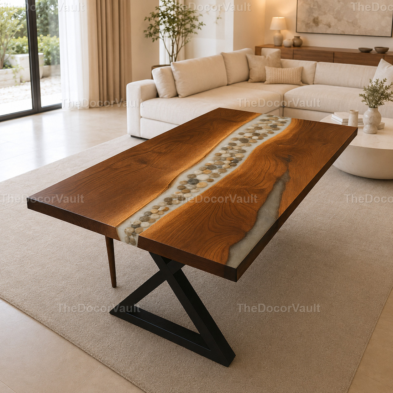 Handmade Wood Epoxy Resin River Coffee Table Natural Pebble Stone Design Pebble