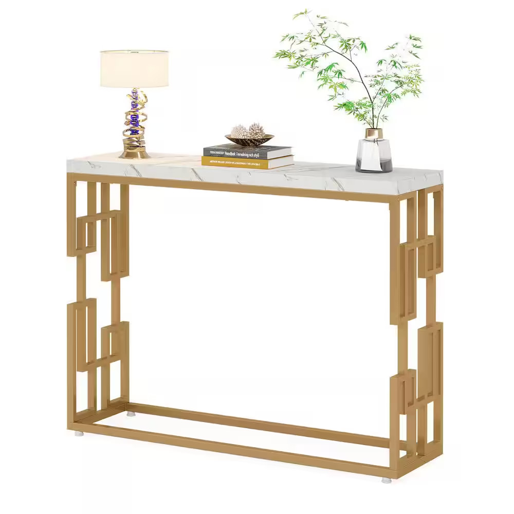Turrella 42.5 In. White Gold Rectangle Wood Console Table, Living Room