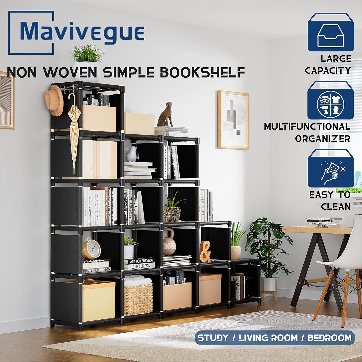 Versatile 18-Cube Black Storage Shelf – Easy Assembly for Bedroom and Office