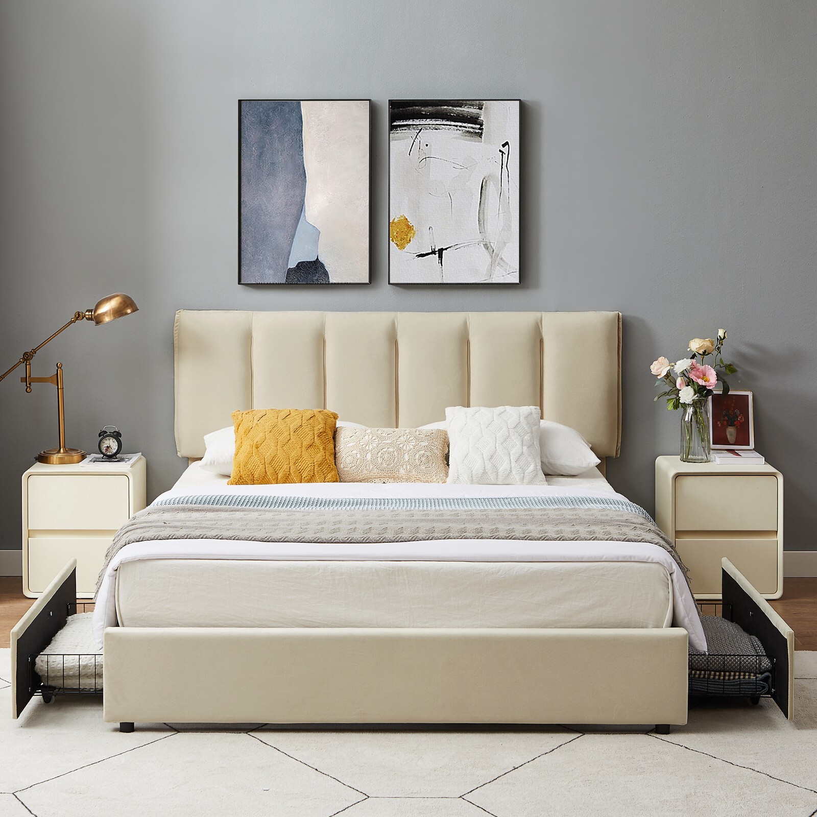 VECELO Twin Full Queen Bed Frame Platform with Upholstered Headboard Wooden Slat