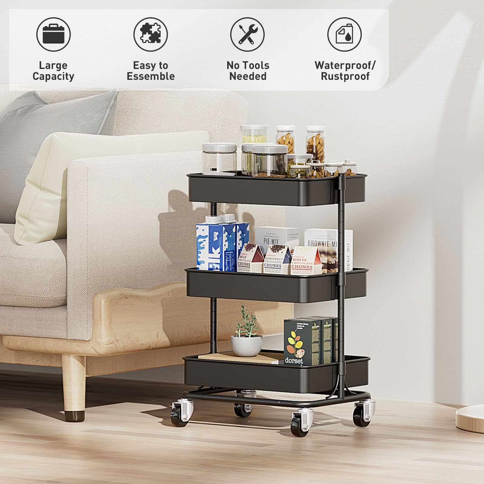 OrchidLeaf 3 Tier Modern Metal Rolling Tool Cart with Silent Casters, 15.35×11.8